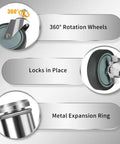 No Nonsense Heavy Duty 4 Inch Casters For Wire Shelving Racks features 360° rotation wheels and locking mechanism.