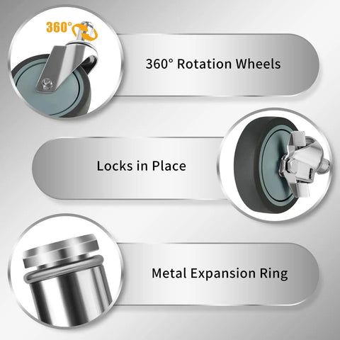 No Nonsense Heavy Duty 4 Inch Casters For Wire Shelving Racks features 360° rotation wheels and locking mechanism.