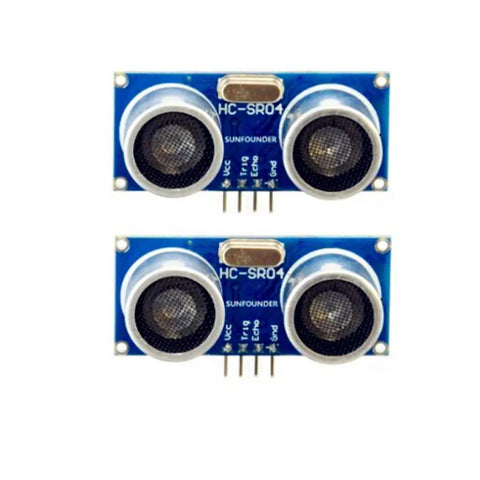 Front view of HC-SR04 ultrasonic range finder module, part of Ultrasonic Range Finder Module For Arduino And DIY Builders HC SR04 Distance Sensor For Uno Mega R3 Nano Duemilanove 10 Pack Plug And Play Prototyping Tool For Quick Robotic Projects.