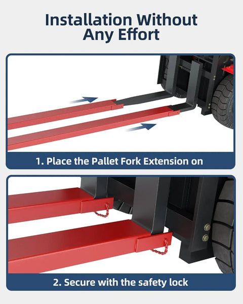 Heavy Hitter 72 Inch Pallet Forklift Extensions 5.3 Inches Wide Rock Solid 5500 Lbs Capacity shown during installation process.
