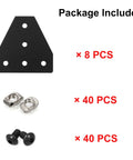 2020 Aluminum Extrusion Connector Bracket Set with 8 corner plates, 40 M5 T slot nuts, and 40 M5x8mm hex socket cap screws