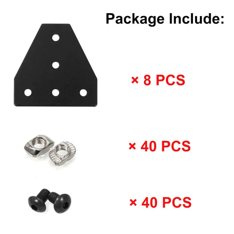 2020 Aluminum Extrusion Connector Bracket Set with 8 corner plates, 40 M5 T slot nuts, and 40 M5x8mm hex socket cap screws