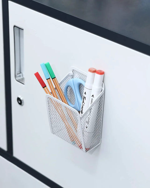 Magnetic Pencil Holder Mesh Stainless Steel Pen Basket With Three Strong Magnets fixed on whiteboard holding pens and scissors.