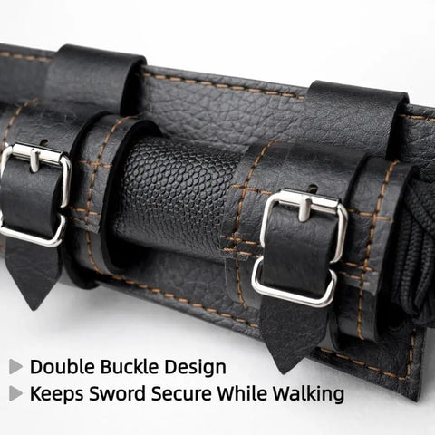 Close-up of Adjustable Katana Sword Belt Holder with Dual Buckles Dope PU Leather Samurai Frog Holster for Costumes