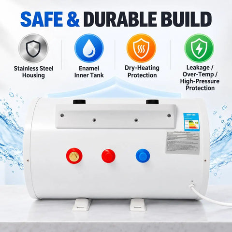 This Electric Water Heater Wall Mount Tank Is A Total Beast With 1500W Fast Heat Element And Bombproof Stainless Steel Plus Thick Enamel Liner Gets You Hot Water In A Jiffy For The Home Vibe At 110V, featuring stainless steel housing, enamel tank, and colored connectors.