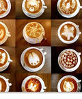 Various latte art designs in cups on wooden table, showcasing creativity with Top Shelf Bean To Cup Coffee Maker Featuring A Heavy Duty 15 Bar Pump And Integrated Milk Frother For Pulling Smooth Double Shots And Tasty House Made Lattes Anytime.