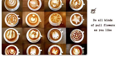 Various latte art designs in cups on wooden table, showcasing creativity with Top Shelf Bean To Cup Coffee Maker Featuring A Heavy Duty 15 Bar Pump And Integrated Milk Frother For Pulling Smooth Double Shots And Tasty House Made Lattes Anytime.