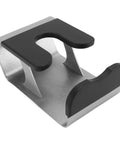 Heavy Duty Built Tough Stainless Steel Portafilter Stand And Espresso Tamper Station For Bottomless Basket Home Barista Workflow showing compact design with rubber grips.