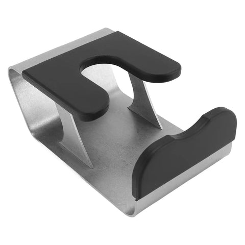 Heavy Duty Built Tough Stainless Steel Portafilter Stand And Espresso Tamper Station For Bottomless Basket Home Barista Workflow showing compact design with rubber grips.