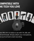 Wave Mic Arm Studio Boom Arm with multiple compatible microphone mounts displayed.
