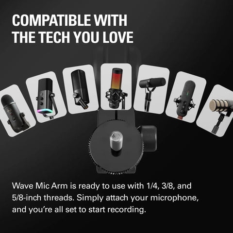 Wave Mic Arm Studio Boom Arm with multiple compatible microphone mounts displayed.