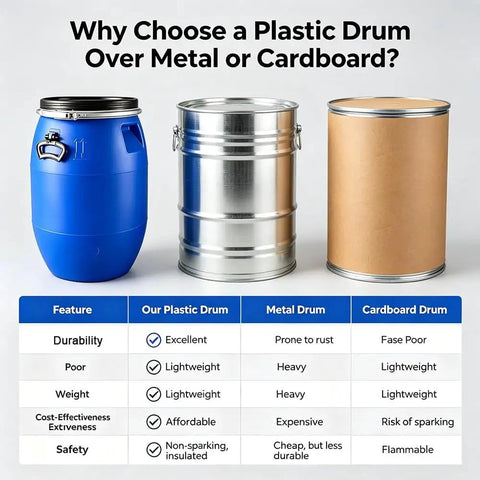 Comparison of Built Tough As Nails Sealed Plastic Drum with metal and cardboard drums, highlighting durability and safety.
