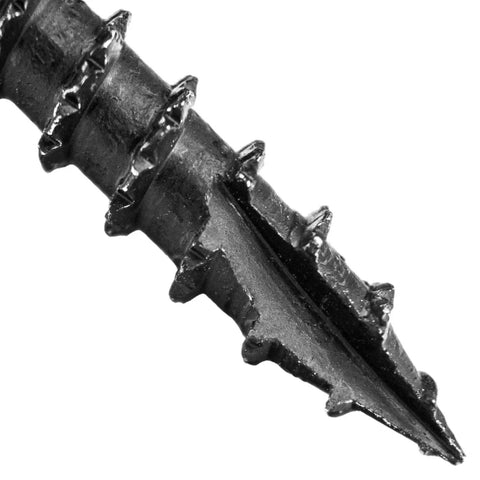 Close-up of the tip and threads of a 15x8 Built To Last Black Wafer Head Structural Lag Screw for Log Construction Timber Framing Laminated Beams