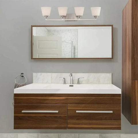 Four Light Vanity Light Fixture With Satin White Glass And Brushed Nickel Finish, Transitional Bathroom Wall Mount