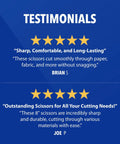 Testimonials for 8 inch titanium bonded straight scissors with soft grip, praising precision and durability for various cutting tasks.