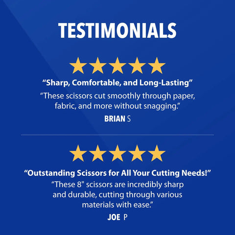 Testimonials for 8 inch titanium bonded straight scissors with soft grip, praising precision and durability for various cutting tasks.