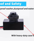 Dusk To Dawn Photocell Sensor Switch For Outdoor Lighting With Waterproof Case 105 To 130 Volt Input shown with waterproof washer and case