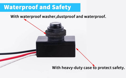 Dusk To Dawn Photocell Sensor Switch For Outdoor Lighting With Waterproof Case 105 To 130 Volt Input shown with waterproof washer and case