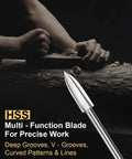 Close-up of HSS multi-function blade, wooden carving background; related to Five Piece HSS Wood Drill Bit Set With 1/8 Inch Shank, Three Edge Spiral Bits For Rotary Tools, Precise Drilling And Carving For DIY Woodworking On Wood, Plywood, And Composite Materials, 3-8mm.