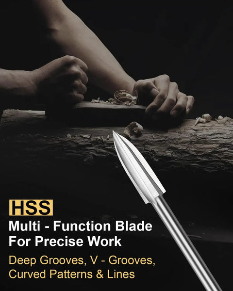 Close-up of HSS multi-function blade, wooden carving background; related to Five Piece HSS Wood Drill Bit Set With 1/8 Inch Shank, Three Edge Spiral Bits For Rotary Tools, Precise Drilling And Carving For DIY Woodworking On Wood, Plywood, And Composite Materials, 3-8mm.