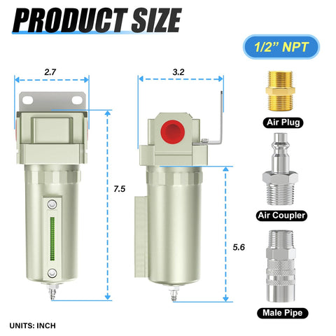 Two Port One Half Inch NPT Aluminum Air Compressor Moisture Filter With Five Micron Cartridge Desiccant Dryer For Dry Air Pro Grade Heavy Duty System For Compressed Air Plasma Cutters And Paint Sprayers Manual Drain diagram