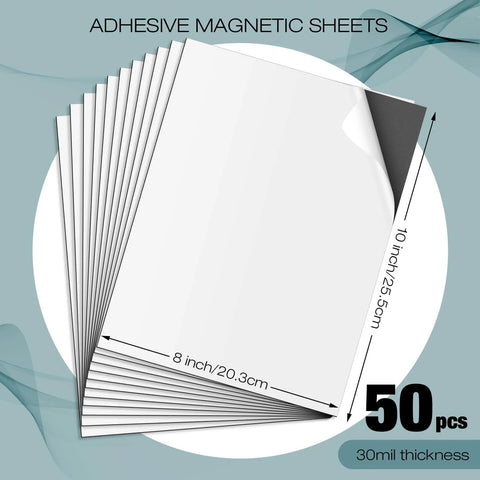 50-Piece Magnetic Adhesive Sheets 8 By 10 Inches Flexible Magnetic Sheets With Self Adhesive Backing, displayed in a stack