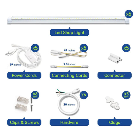 LED Shop Light 2Ft 20W V-Shaped Linkable Ceiling Fixture 2500lm 5000K Daylight Ultra Bright Garage Workshop Basement Lighting Integrated Tubes Pack of 6, shown with cords, connectors, clips, and hardware.