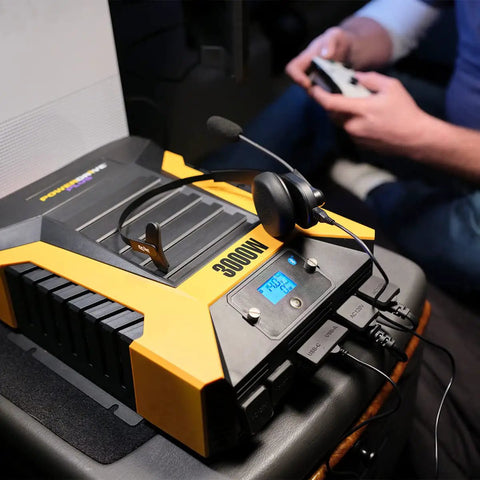 Heavy Duty 3000 Watt Power Inverter With Slick Bluetooth Connectivity And Snappy Usb Fast Charge Plus Four Knockout Ac Outlets for portable use.