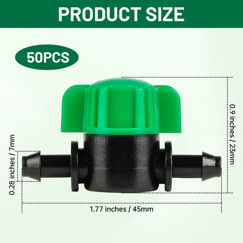 Product size diagram for 50 Pack 1/4 Inch Drip Irrigation Shut Off Valves With Barbed Fittings For 1/4 Inch Tubing