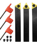 Front view of three GBJ 1/2in indexable carbide lathe tool holders with TCMT inserts, black bodies and gold inserts.