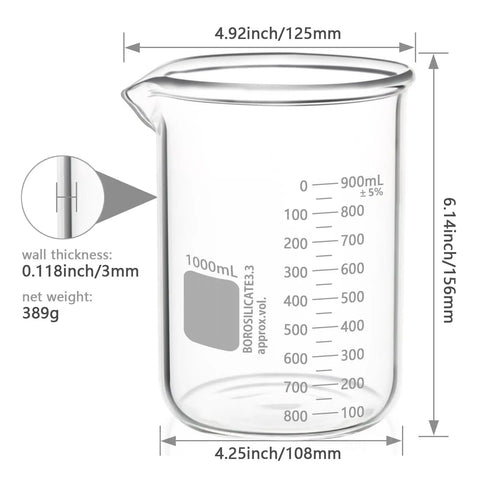 Heavy Duty 1000 mL Glass Beaker With White Double Scale Graduation Borosilicate 3.3 Lab Beaker, dimensions and wall thickness shown