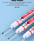 Set Of 3 Deep Hole Marking Pens With Long Extended Nibs For Carpentry And Woodworking Projects Straight Shooter showing nibs and details.