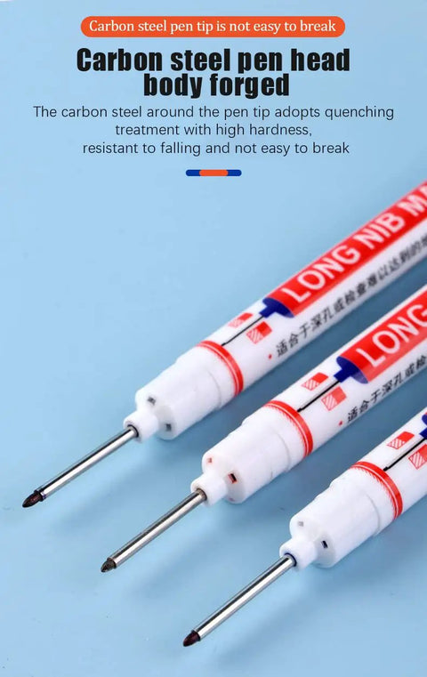 Set Of 3 Deep Hole Marking Pens With Long Extended Nibs For Carpentry And Woodworking Projects Straight Shooter showing nibs and details.