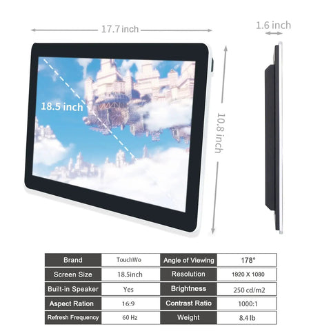 18.5 Inch Android 11 All In One Touchscreen Monitor Featuring Rock Solid Fhd Graphics, Dual Band Wifi And Bluetooth Audio, 2Gb Ram Plus 32Gb Storage, A Top Shelf Smart Board Designed For Classrooms, Huddles, And Gaming Nights, showing dimensions and features.