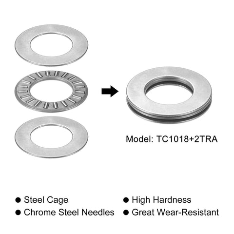 uxcell TC1018 thrust needle roller bearing with washers; exploded view 5/8 in bore, 1-1/8 in OD, chrome steel needles