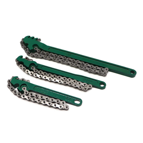 Heavy Duty Chain Wrench Set 3 Piece Adjustable Oil Filter Chain Wrenches 9 Inch, 12 Inch, And 16 Inch Fits 1.5 To 8 Inch Diameter
