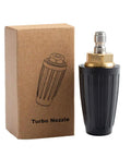 Turbo Rotating Pressure Washer Nozzle With 4000 PSI Max And Quarter Inch Quick Connect next to box packaging
