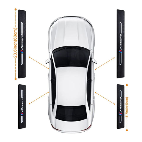 Four Piece Carbon Fiber Look And Textured Leather Door Sill Protectors For Daily Drivers Slick Black Front And Rear Threshold Guards, 23.6in and 15.7in sizes for Honda Accord.