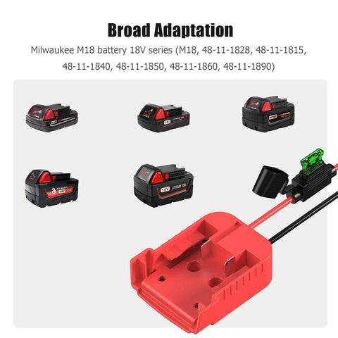 18V Battery Adapter Kit For DIY Ride On Cars And RC Toys with red adapter, compatible with Milwaukee M18 battery series
