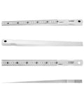 QWORK taper gauge set by Amazon: white carbon steel feeler gauge with 0.4–6 mm scale; two rulers and wedge blade