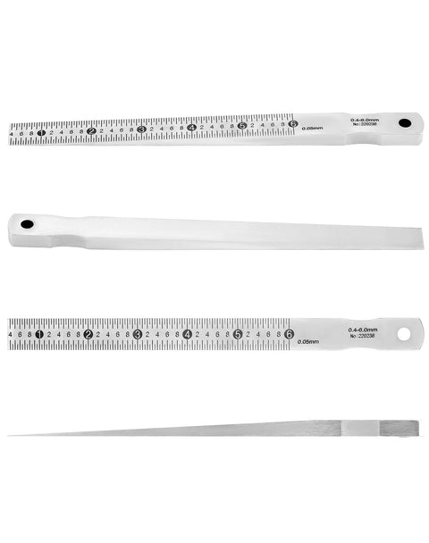 QWORK taper gauge set by Amazon: white carbon steel feeler gauge with 0.4–6 mm scale; two rulers and wedge blade