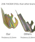 Four Pack Offset Conversion Brackets for Bolt On Metal Bed Frames, showing thicker steel comparison with dimensions, 0.25mm vs 0.20mm.