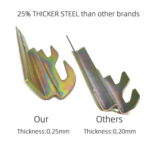 Four Pack Offset Conversion Brackets for Bolt On Metal Bed Frames, showing thicker steel comparison with dimensions, 0.25mm vs 0.20mm.