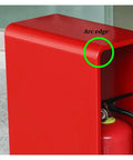Close-up of Heavy Duty Metal Fire Extinguisher Cabinet Wall Mount Storage Box showing arc edge, waterproof red design for industrial use.