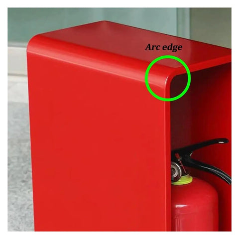 Close-up of Heavy Duty Metal Fire Extinguisher Cabinet Wall Mount Storage Box showing arc edge, waterproof red design for industrial use.
