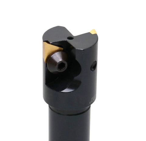 Indexable End Mill With 2 TPG22 Carbide Inserts, 1 Inch Cutting Diameter, 3/4 Inch Straight Shank, Replaceable Triangular Inserts, Positive 90 Degree Rake, Right Hand Cut, Heavy Duty Workhorse CNC Milling Tool