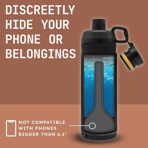 Sneaky 13.5oz Water Bottle With Dope Hidden Wallet Pocket, black, showing hidden compartment and phone compatibility guide.