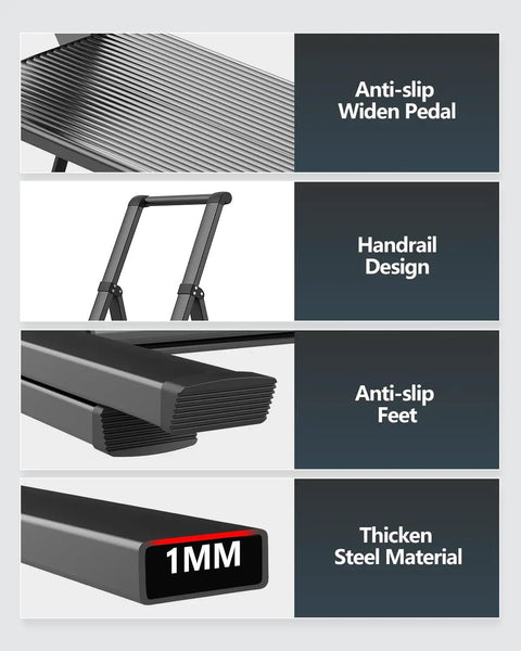 Five Step Home Ladder With 300 Lb Capacity And 46 Inch Top Step, Stable No Wobble Design With Side And Back Braces, Slim Fold For Easy Storage, Compact Black Indoor Utility Ladder, anti-slip steps and steel frame