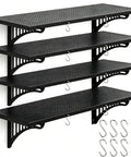 Heavy Duty Garage Wall Shelves Set Four Pack 1.4 X 4 Ft Black Metal With Hooks For Tools Storage Rugged Steel Wall Organizer Racks To Free Floor Space And Keep Your Workshop Neat, four black wall shelves with hooks