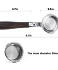 58mm Bottomless Portafilter Featuring Smooth Wood Ergonomic Handle And Double Shot Filter Basket For Breville Oracle Espresso Machines, top view with dimensions.